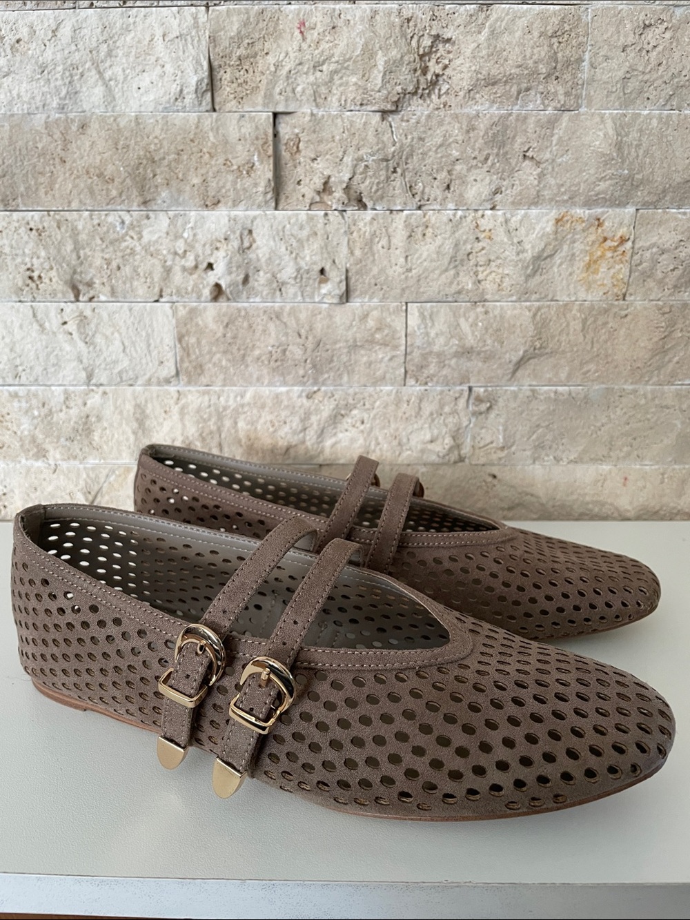 Steve Madden Taupe Perforated Mary Jane Flats with Double Buckles